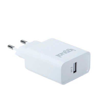 Carregador de parede branco com ficha europeia e porta USB