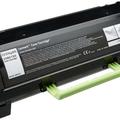 Cartucho de toner preto Lexmark 24B6186 com pega verde e instruções impressas