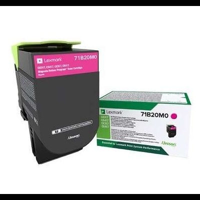Cartucho de toner Lexmark 71B20M0 magenta com embalagem original sobre fundo branco