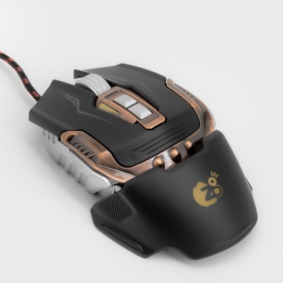 Rato gaming preto com detalhes em bronze e prata com cabo revestido em tecido