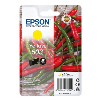 Embalagem de tinta amarela EPSON 503 com pimentos vermelhos e verdes ao fundo