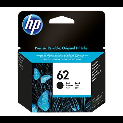 Embalagem de tinta HP preta modelo 62 com borboletas azuis