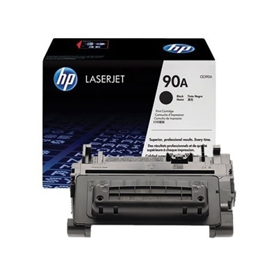 Toner HP LaserJet 90A preto com caixa preta e detalhes azuis e brancos