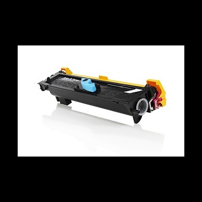 Toner preto para impressora com detalhes amarelos e azul sobre fundo branco