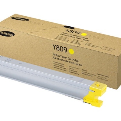 Cartucho de toner amarelo Samsung Y809 e caixa de papel castanho
