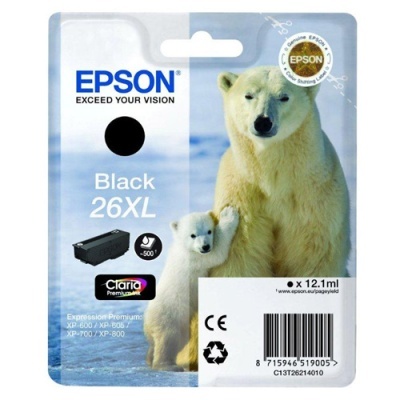 Embalagem de cartucho de tinta preto Epson 26XL com imagem de ursos polares