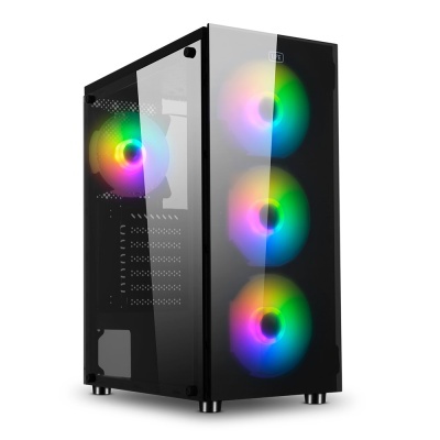 PC com ventoinhas RGB coloridas e vidro temperado