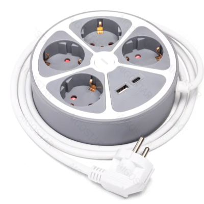 Tomada elétrica redonda cinza com várias entradas e cabo branco