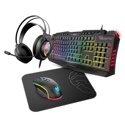 Conjunto gaming com teclado, rato, tapete e auscultadores RGB marca KROM em fundo branco.