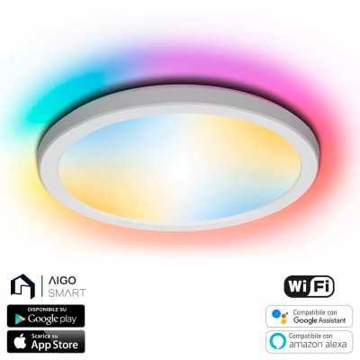 Plafoniera LED branca circular com luzes coloridas e ícones de compatibilidade