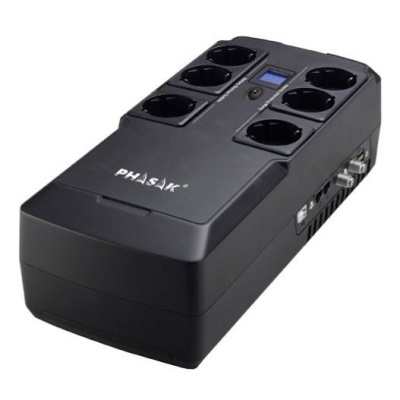 Estabilizador de tensão PHASAK preto com seis tomadas e visor digital