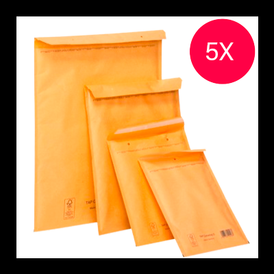 Cinco envelopes almofadados de cor laranja em tamanhos graduados