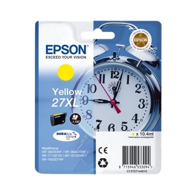 Cartucho de tinta Epson amarelo 27XL embalado com imagem de relógio