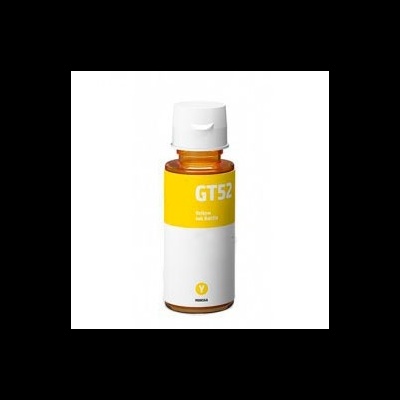 Garrafa pequena de vidro âmbar com tampa branca e rótulo amarelo e branco GT52