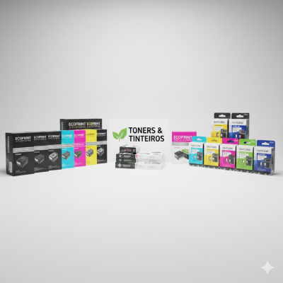 Vários toners e tinteiros em embalagens coloridas com texto TONERS & TINTEIROS ao centro