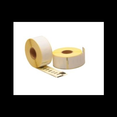 Dois rolos de etiquetas adesivas brancas em fundo branco