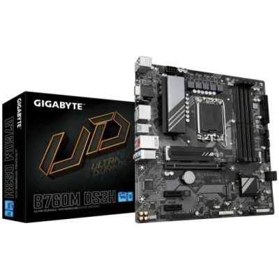 Placa-mãe Gigabyte B760M DS3H preta com caixa preta ao lado
