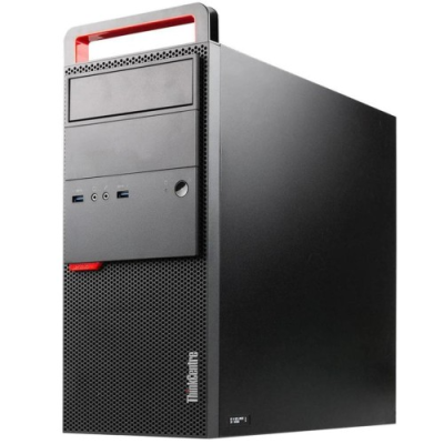 Computador desktop Lenovo ThinkCentre preto com alça vermelha e painel perfurado.