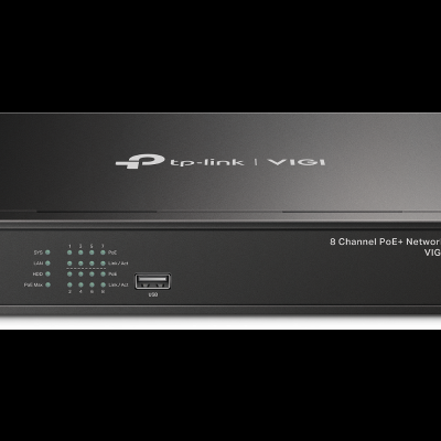 Gravador de vídeo de rede preto TP-Link VIGI modelo VIGI NVR1008H-8MP com LEDs e porta USB