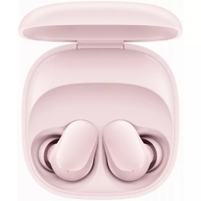 Fones de ouvido sem fios rosa claro num estojo de carregamento rosa claro