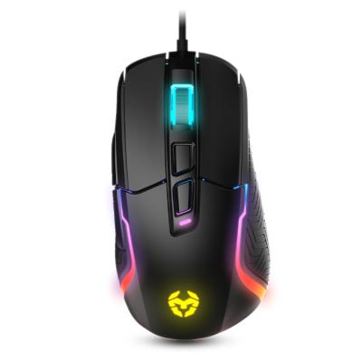 Rato de computador preto com iluminação LED colorida e vários botões