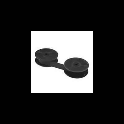 Dupla de roldanas plásticas pretas ligadas por tira plana, em fundo branco