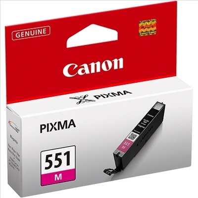 Cartucho de tinta Canon PIXMA 551 M magenta na embalagem branca e vermelha