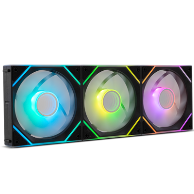 Três ventoinhas RGB para computador com molduras pretas e iluminação colorida