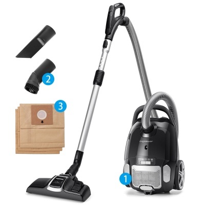 Aspirador de pó preto com acessórios e sacos de pó em fundo branco