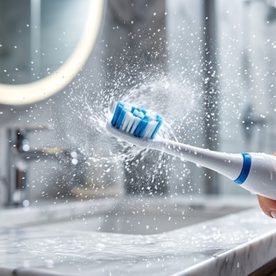 Escova de dentes elétrica branca com cerdas azuis a espirrar água na casa de banho