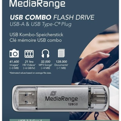 Embalagem de pen drive MediaRange 128 GB USB Combo com USB-A e USB Type-C