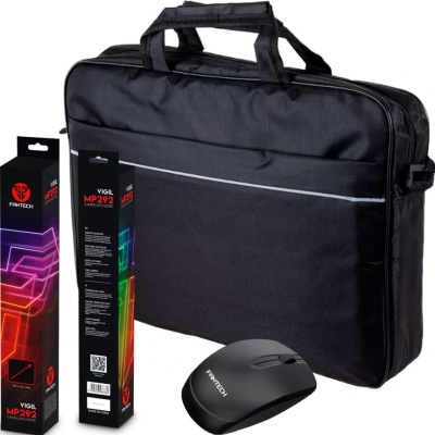Bolsa preta, rato sem fios preto FANTECH e embalagem tapete de rato VIGIL MP292