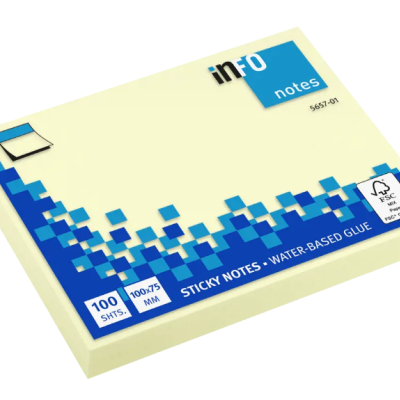 Bloco de notas autoadesivas amarelas com embalagem azul e branco