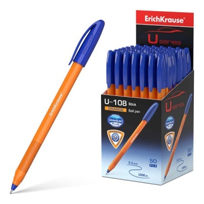 Caneta esferográfica ErichKrause laranja com tampa azul em caixa preto e azul com 50 unidades