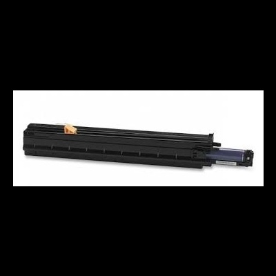 Cartucho de toner preto para impressora com detalhes azuis e amarelos