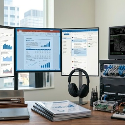 Estação de trabalho com monitores, laptop Dell e equipamentos de rede numa mesa de madeira