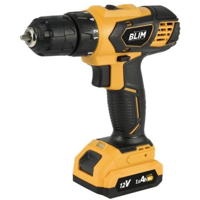 Parafusadora elétrica amarela e preta com bateria 12V 1.5Ah da marca BLIM