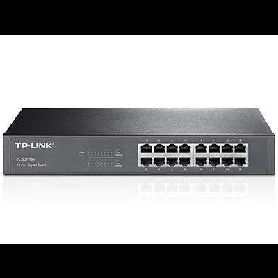 Comutador de rede TP-LINK TL-SG1016D preto com 16 portas RJ45 e LEDs indicadores