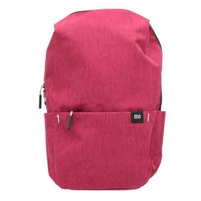 Mochila rosa com bolso frontal e logo mi