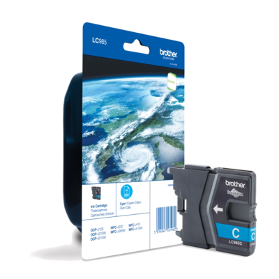 Cartucho de tinta Brother LC985C ciano com embalagem azul e preta com imagem do planeta Terra