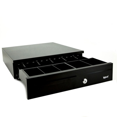 Gaveta de caixa registadora preta aberta com divisórias internas e fechadura.