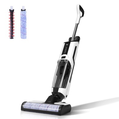 aspirador vertical branco e preto com rolos de limpeza