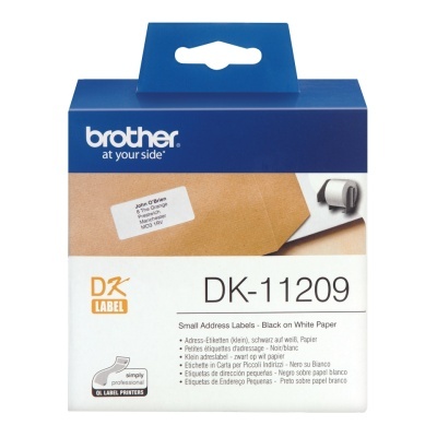 Caixa de etiquetas de endereço Brother DK-11209 em papel branco e preto