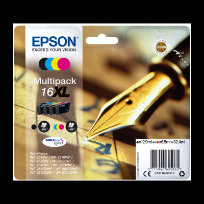 Cartucho de tinta Epson Multipack 16 XL com quatro cores e embalagem detalhada