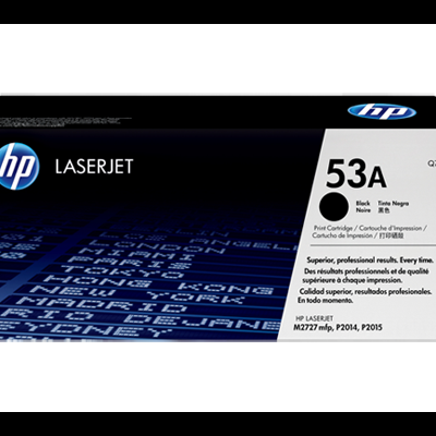Tinteiro HP LaserJet 53A preto em caixa preta e branca