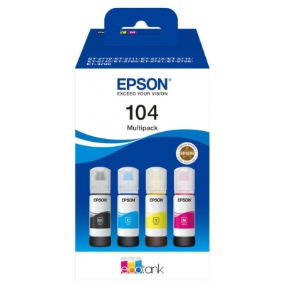 Multipack de tinteiros Epson 104 com quatro frascos de tinta preta, ciano, amarelo e magenta
