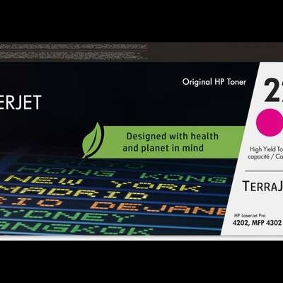 Embalagem preta de toner HP LaserJet 220X cor magenta com texto e QR code