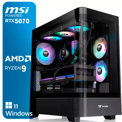 Computador desktop preto com ventoinhas RGB e componentes visíveis
