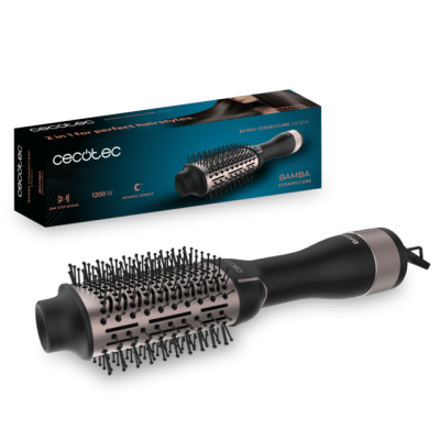 Escova secadora Cecotec preta e prateada com embalagem azul e preta