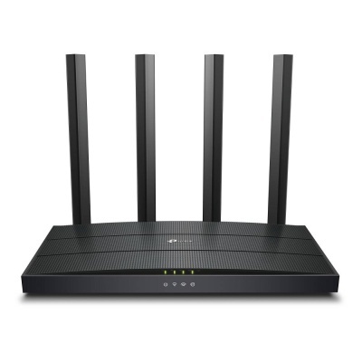 Roteador Wi-Fi TP-Link preto com quatro antenas verticais e LEDs indicadores